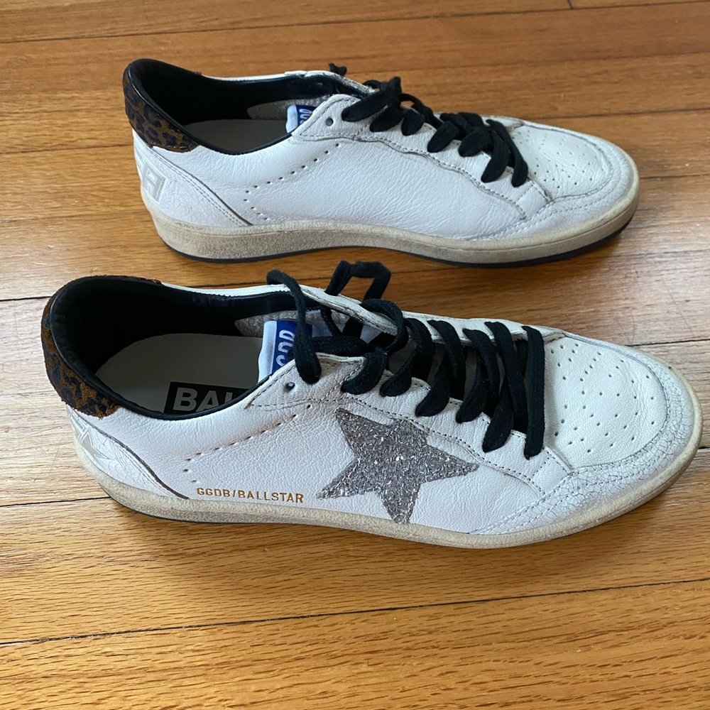 GOLDEN GOOSE BALLSTAR SZ 38 W/ LEOPARD-PRINT HEEL & SILVER GLITTER STAR